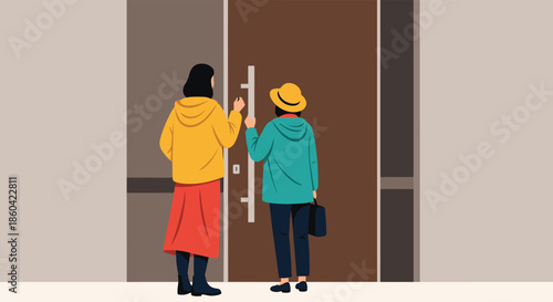 Two people standing at the door ready to enter a building after knocking.