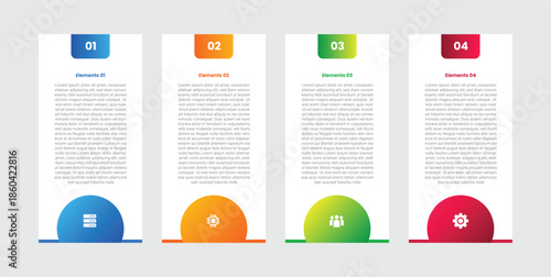 4 points infographic with gradient style with tall box container with half circle badge on bottom with 4 elements stages