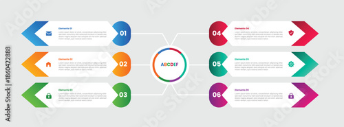 6 points infographic with gradient style with circle center with arrow box on quadrant with 6 elements stages