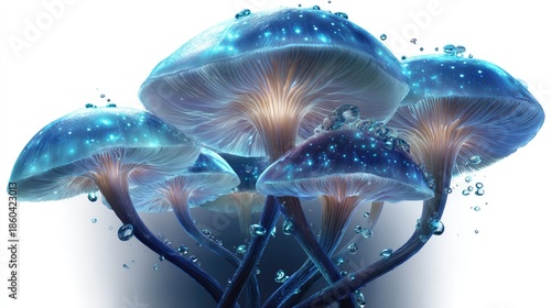 Luminous Mushroom: A captivating image showcases a cluster of ethereal, glowing mushrooms, their caps and stems radiating a soft, celestial light, adorned with glistening droplets. 