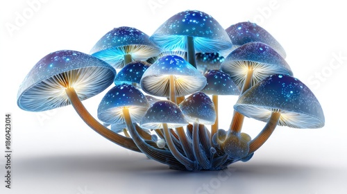 Glowing Blue Mushrooms: An enchanting close-up showcases a cluster of luminescent blue mushrooms, their caps shimmering with celestial dots, offering a peek into a magical, surreal world. 