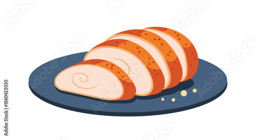 A close up of a sliced roasted chicken breast on a blue plate with some crumbs around it.