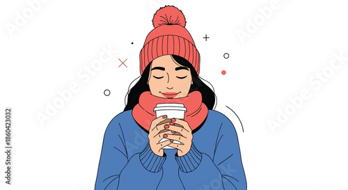 Young woman enjoying a warm cup of coffee or tea during a cold winter day.