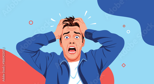 This is a man experiencing extreme stress and panic holding his head in his hands.