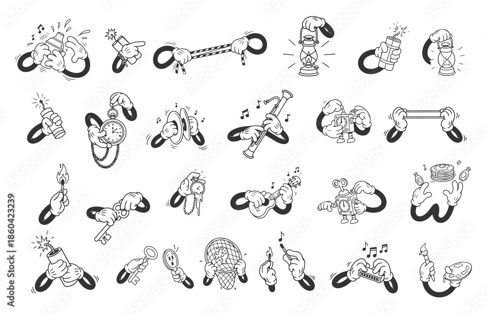 Obraz premium Classic Cartoon Mascot Hands with Objects, Vintage Vector Illustrations