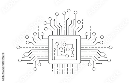 Outline icon of a central processing unit cpu or microchip with radiating circuit lines and connection points, symbolizing technology and artificial intelligence