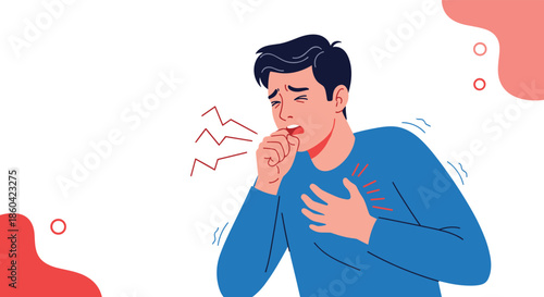 A man is coughing forcefully while holding his chest in distress.