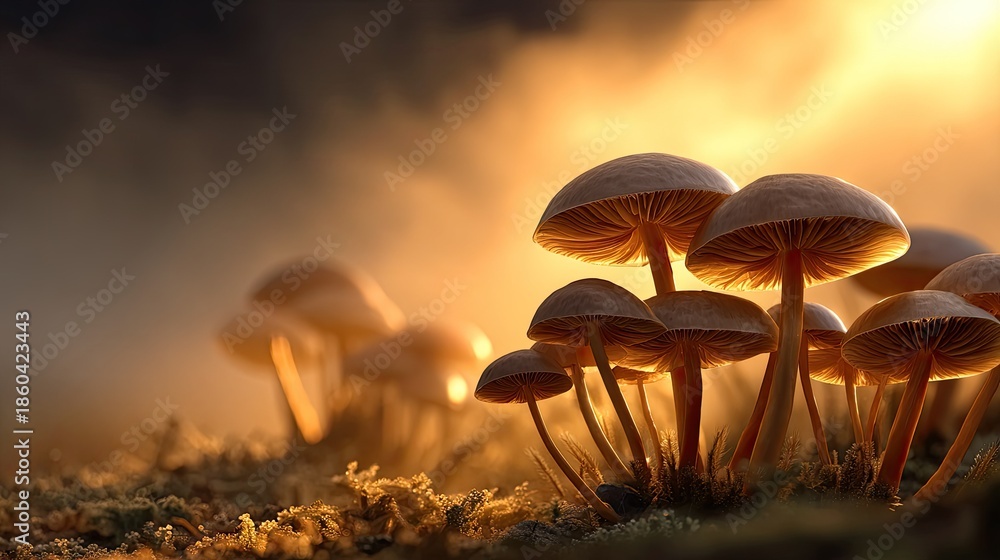 Fototapeta premium Mystical Mushroom Gathering: A close-up view of a cluster of mushrooms basking in the warm glow of the sun, creating an enchanting scene with captivating textures.
