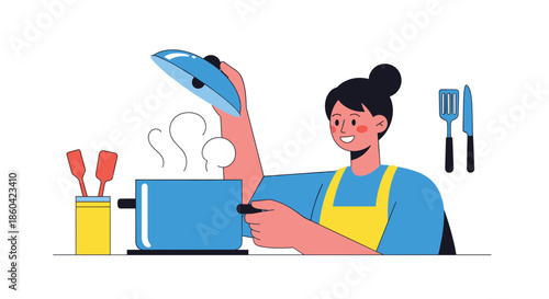 A person in an apron is cooking food in a pot on a stove with steam rising.