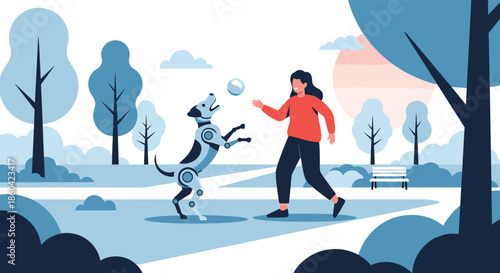 A person plays fetch with a robotic dog in a park on a sunny day.