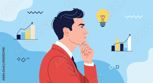 A businessman contemplating a strategic decision with market analysis and a bright idea symbol overhead.