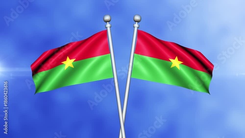Burkina Faso Crossed Flags Waving in Blue Sky Loop Animation | Realistic 3D National Flag Background