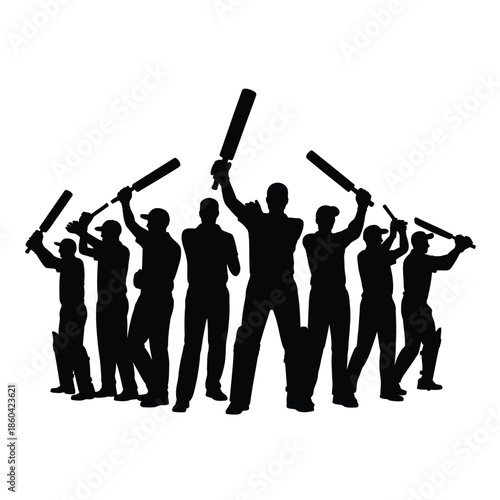 Silhouette of a cricket team celebrating a victory with bats raised