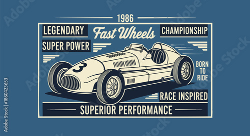 Vintage Racing Car Vector Art with "Fast Wheels Championship" Text and Retro Design Elements.