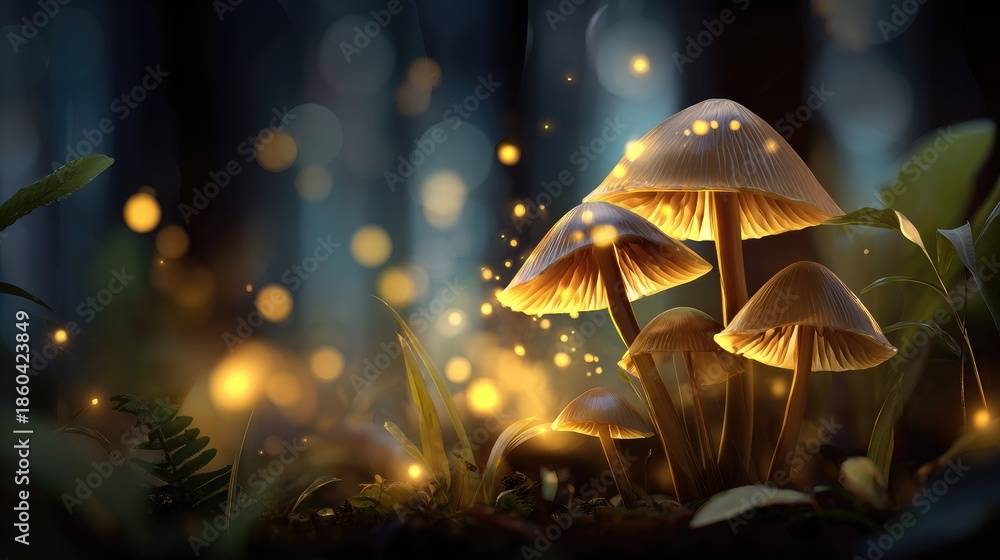 Fototapeta premium Mystical Mushroom Glow: A mesmerizing cluster of mushrooms emerges from the forest floor, their caps softly illuminated by an ethereal glow, creating a magical scene. 