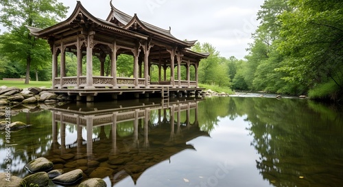 Tranquil pagoda structure reflects in calm water surrounded by lush green trees and foliage.