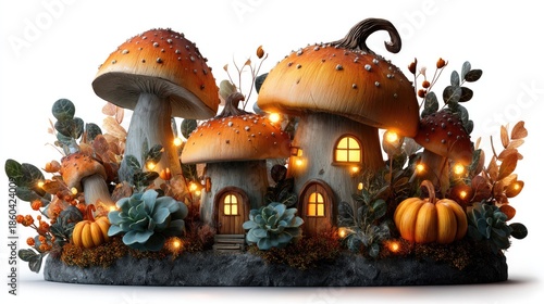 Mushroom Village's Enchantment: An enchanting mushroom village, nestled amidst a whimsical garden, exudes warmth and fantasy. With illuminated windows inviting a sense of wonder.