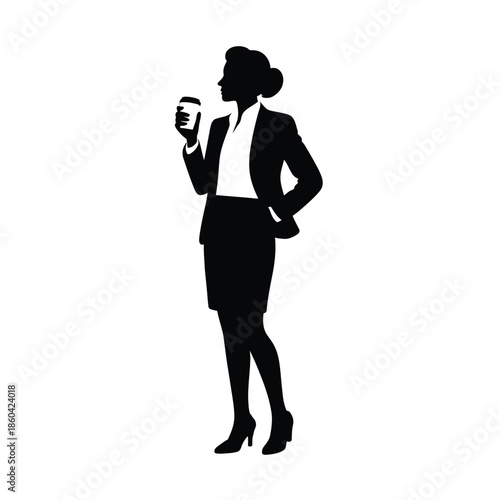 Elegant woman in a suit holding a drink a simple black silhouette
