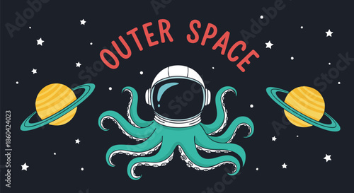 Whimsical Octopus Astronaut Exploring Outer Space with Planets and Stars.