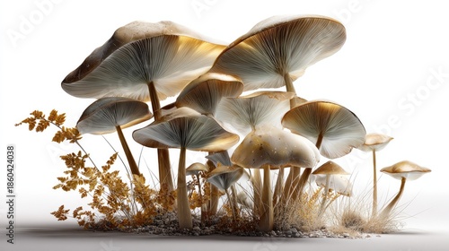 Mystical Mushroom Cluster: A captivating cluster of mushrooms emerges, exhibiting a display of textures, shapes, and hues. It's a surreal illustration of the nature's artwork.