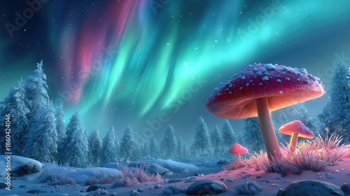 Enchanted Forest under Aurora Borealis: A whimsical scene unfolds under the celestial dance of the Aurora Borealis, with glowing mushrooms illuminating a serene winter landscape.