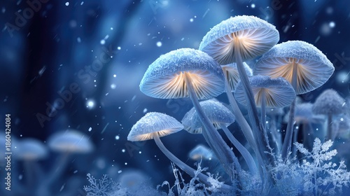 Luminous Forest Mushrooms: A cluster of magical mushrooms emit a soft, ethereal glow amidst a serene woodland setting, invoking a sense of wonder and enchantment.