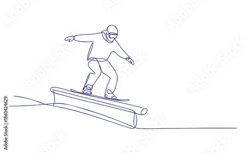 A minimalist line art illustration of a snowboarder grinding on a rail feature.