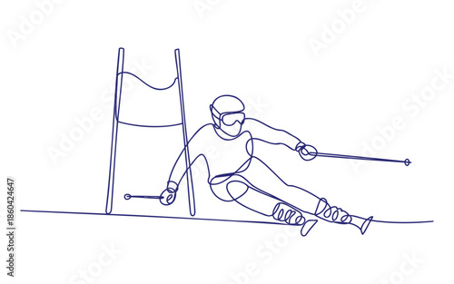 A continuous line drawing of a skier navigating a slalom course between gates.