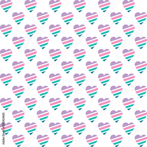 Pattern created from diagonally striped  neon pink, purple, jade and teal green hearts on a transparent background