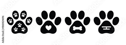 Heart paw vector icon collection with dog paw symbols, love pet illustrations, friendly animal graphics,