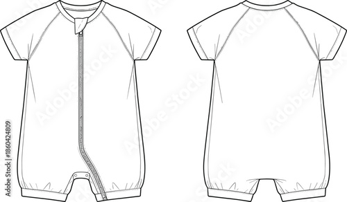 Baby romper zipper jumpsuit flat, vector bodysuit mockup, infant clothing technical design template illustration