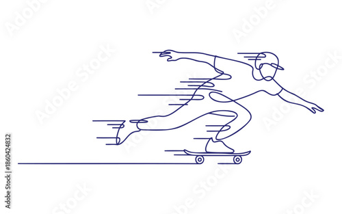 An energetic continuous line drawing of a skateboarder moving at high speed.