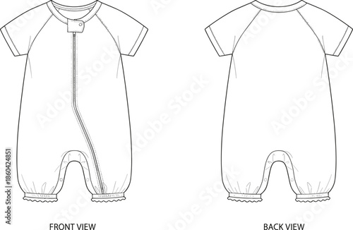 Baby romper zipper jumpsuit flat, vector bodysuit mockup, infant clothing technical design template outline