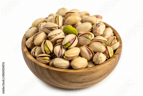 side view pistachios, wooden bowl nuts, healthy snacks concept, dry fruits pile, isolated culinary ingredient, roasted pistachio nuts, organic vegan diet, protein rich snack, wooden dish mockup.