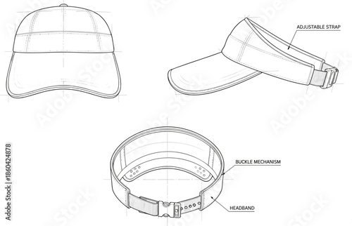 Baseball cap technical vector, adjustable strap visor, fashion template flat sketch illustration outline mockup