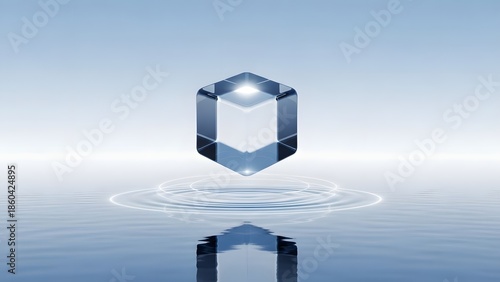 Futuristic glowing glass cube levitating over calm blue water with ripples and reflection