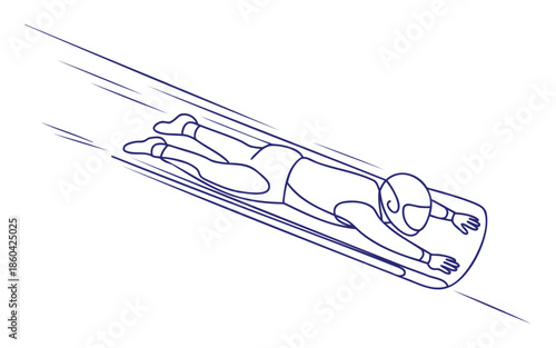 A single blue line art drawing of a person lying prone on a luge sled, speeding down a track.