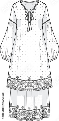 Boho tunic dress technical vector, long sleeve embroidered hem, fashion template illustration outline design