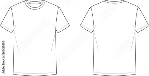 Unisex t shirt technical vector, crew neck fashion template, flat sketch outline mockup illustration