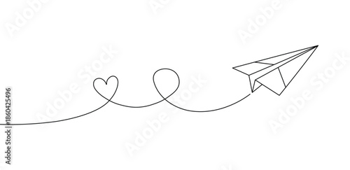 Doodle paper airplane flying with a dashed line trace forming a heart shape, simple black and vector icon