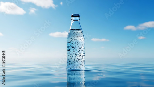 Refreshing hydration a clear glass bottle of water floating on a sparkling blue ocean under a bright sky