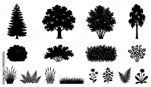 Tree and Plant Silhouette Set – Nature Bushes, Shrubs and Grass Vector Collection