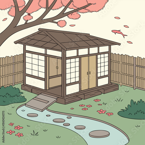 traditional japanese tea house in serene garden setting with koi pond, bamboo fence, stone path, cherry blossom tree, pink flowers, gentle stream, tranquil ambiance, minimalist design, culture