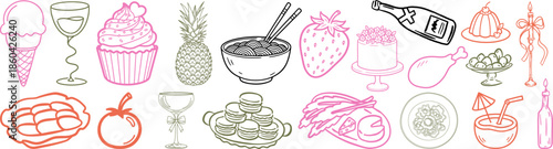 Culinary Lineup: An artistic array of delectable food and drink illustrations, inviting the viewer into a world of culinary delights, perfect for menus or design.