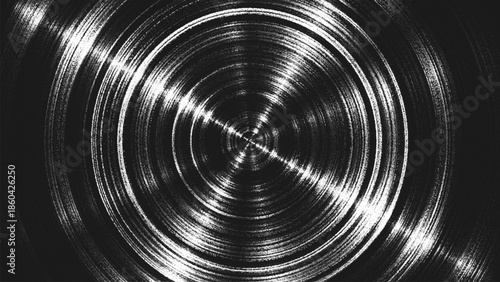 Stippling circular metal texture with circular geometry and radial motion. Rough industrial surface with concentric polished highlights. Pointillism. Noisy grainy dots shading. Vector