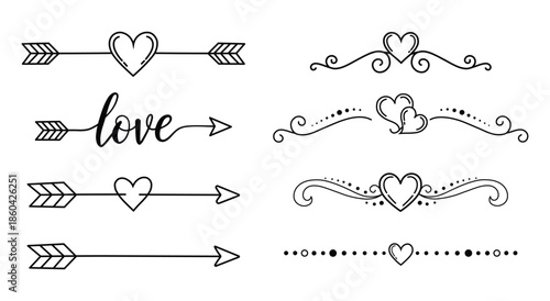 Set of hand drawn love dividers and arrows with hearts for valentines day or wedding decoration