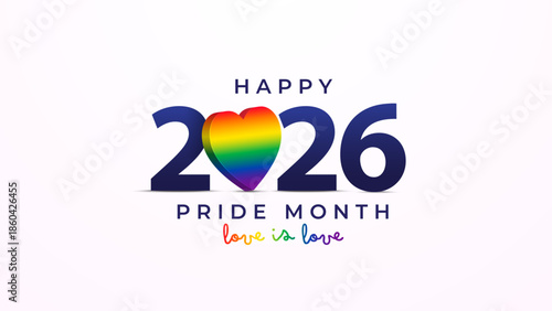 LGBT Pride Month in June 2026. Rainbow heart with year number. Celebrate Lgbtq Pride Month 2026. Background design for poster, flyer, web, banner, and template. Vector Illustration.