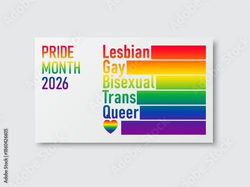 Pride Month 2026 Card. LGBTQ Rainbow flag with "Lesbian, Gay, Bisexual, Trans and Queer" text.  Celebrate Lgbtq Pride Month 2026. Symbol of Pride Month for festival parades. Vector illustration.