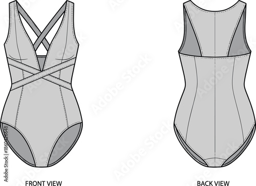Women’s swimsuit fashion flat, vector bodysuit mockup, one piece technical design illustration template outline