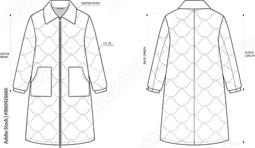 Women’s quilted coat fashion flat, vector jacket mockup, outerwear technical drawing template design illustration